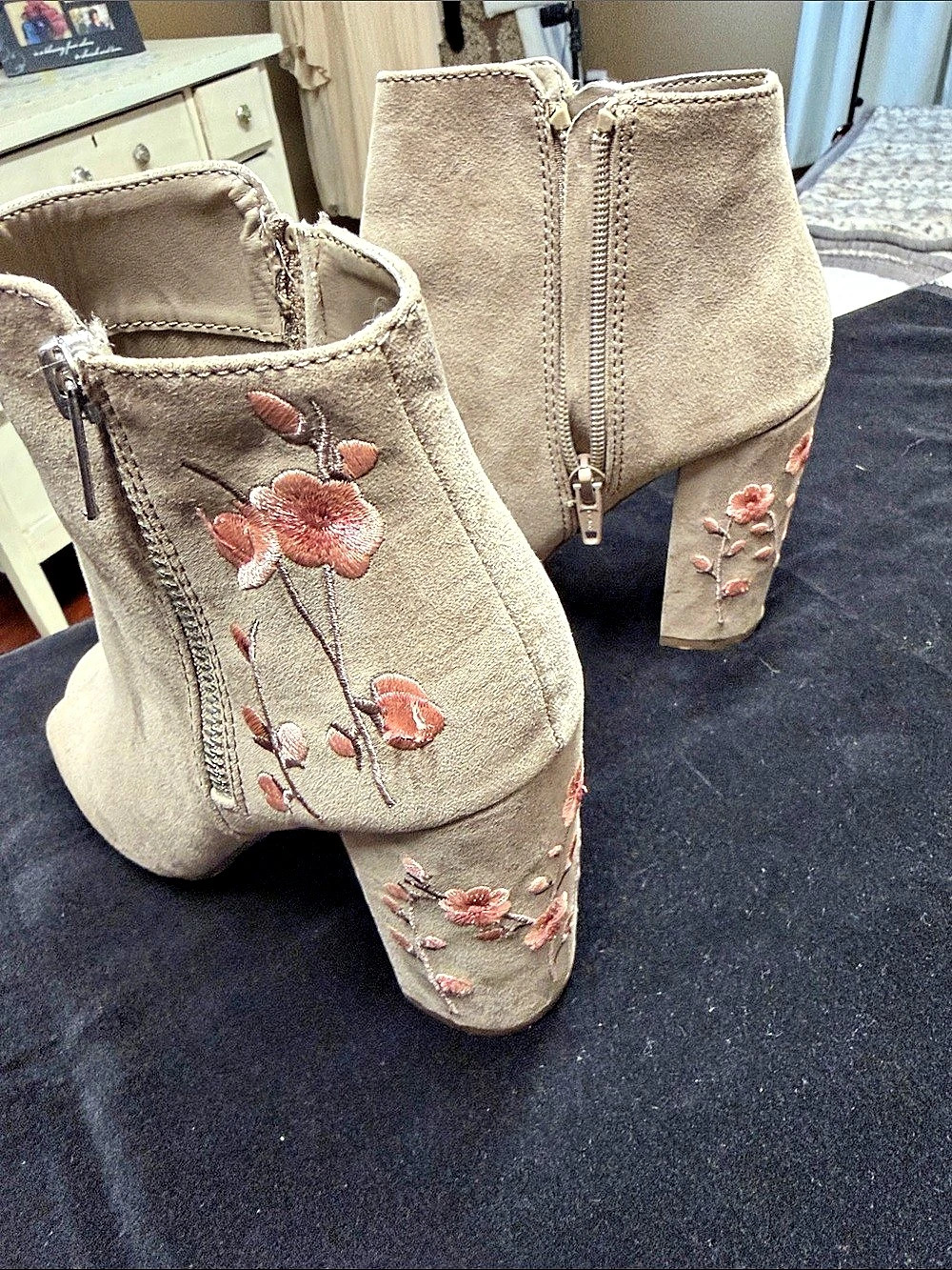 Candie's Floral Embroidered Taupe Peep Toe Block Heel Booties